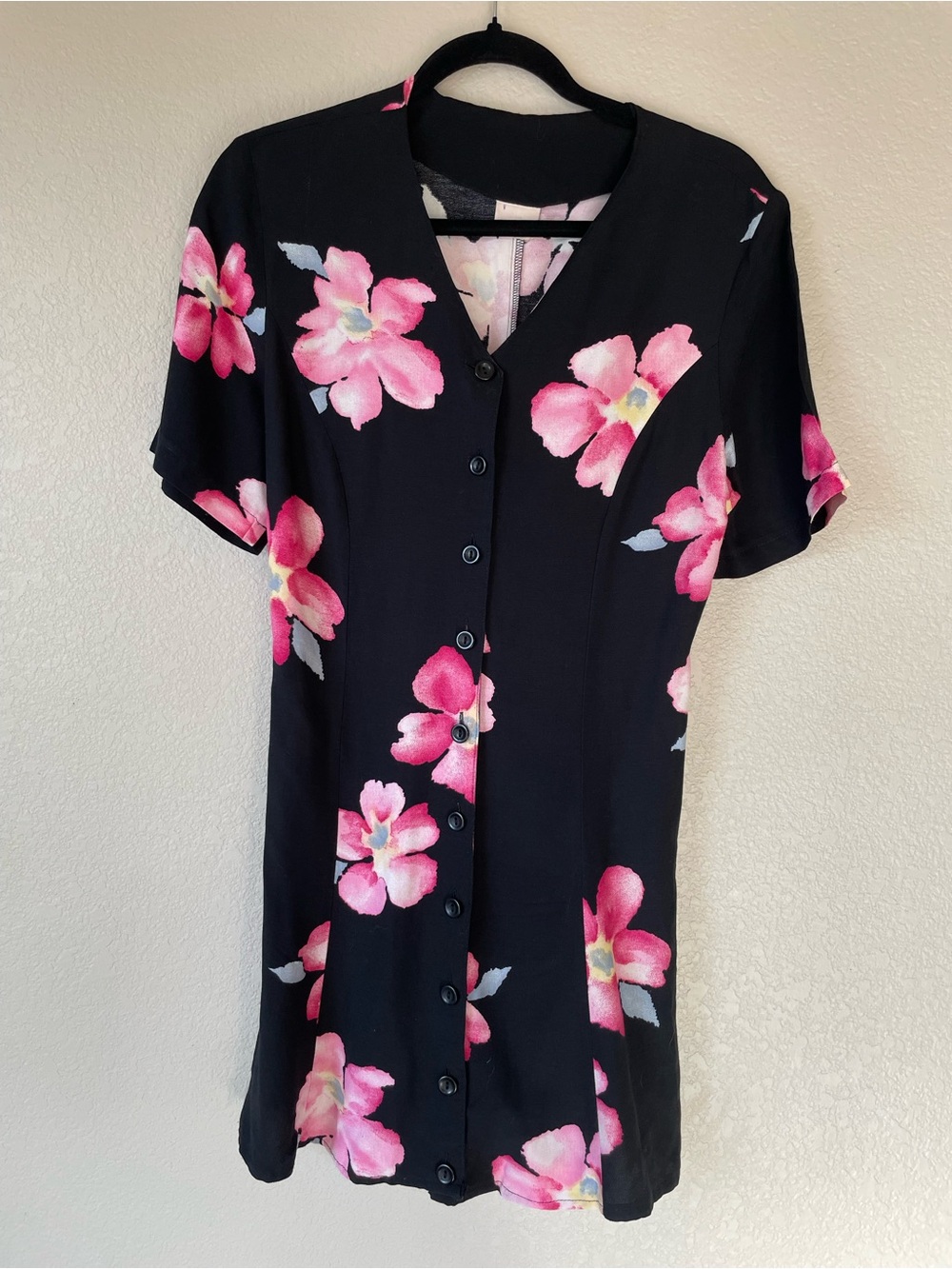 Vintage Floral Mini Dress Medium Black Pink Watercolor Viscose Lace Up Back